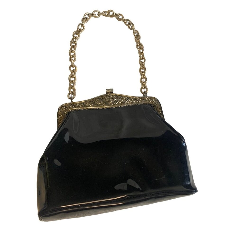 Vintage Garay Black Patent Leather Handbag Purse Gold Chain & Accents